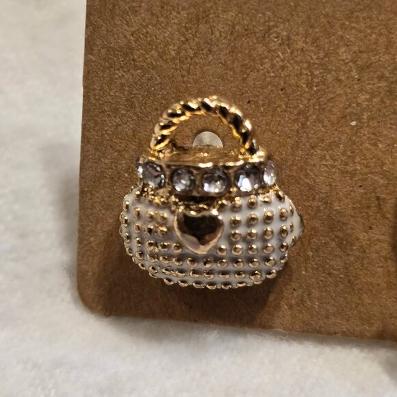 Shoe High Heel & Handbag Purse Earrings Stud Cream Colored Enamel Rhinestones - Picture 4 of 6